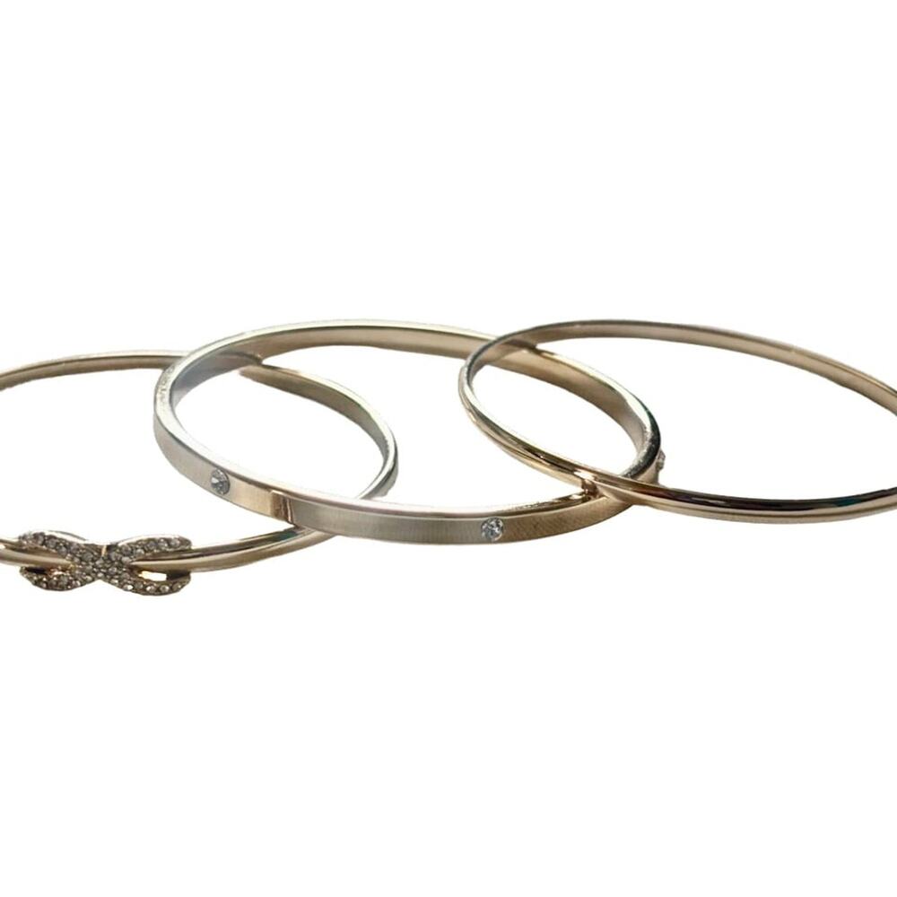 Gold Bangle Bracelet Set of 3 – Bow, Crystal Accent, Minimalist Stack